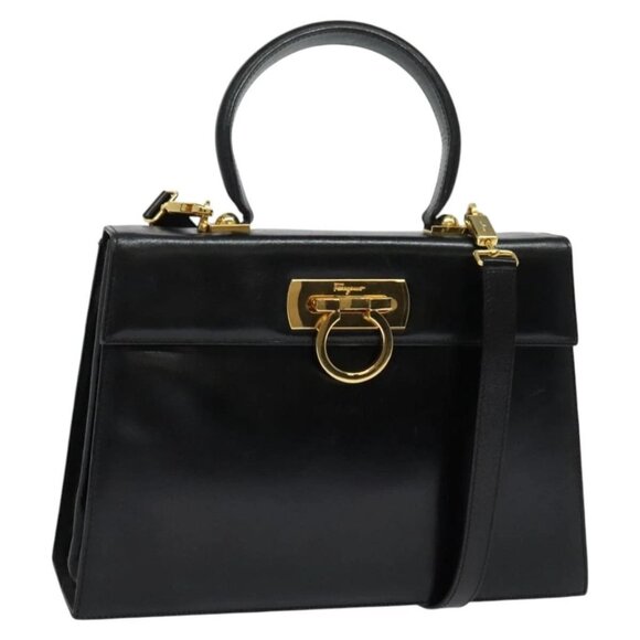 Salvatore Ferragamo Gancini Hand Bag Leather 2way Black Gold Auth 138630 - Picture 1 of 16